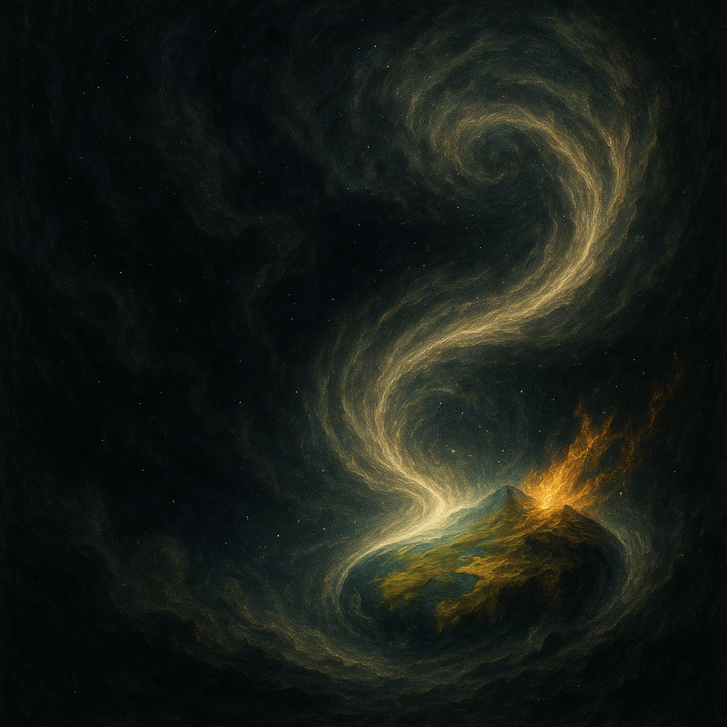 A swirl of golden, magical energy spirals upward from a small, earthlike world in deep space, as the Life Spell creates space for reality.