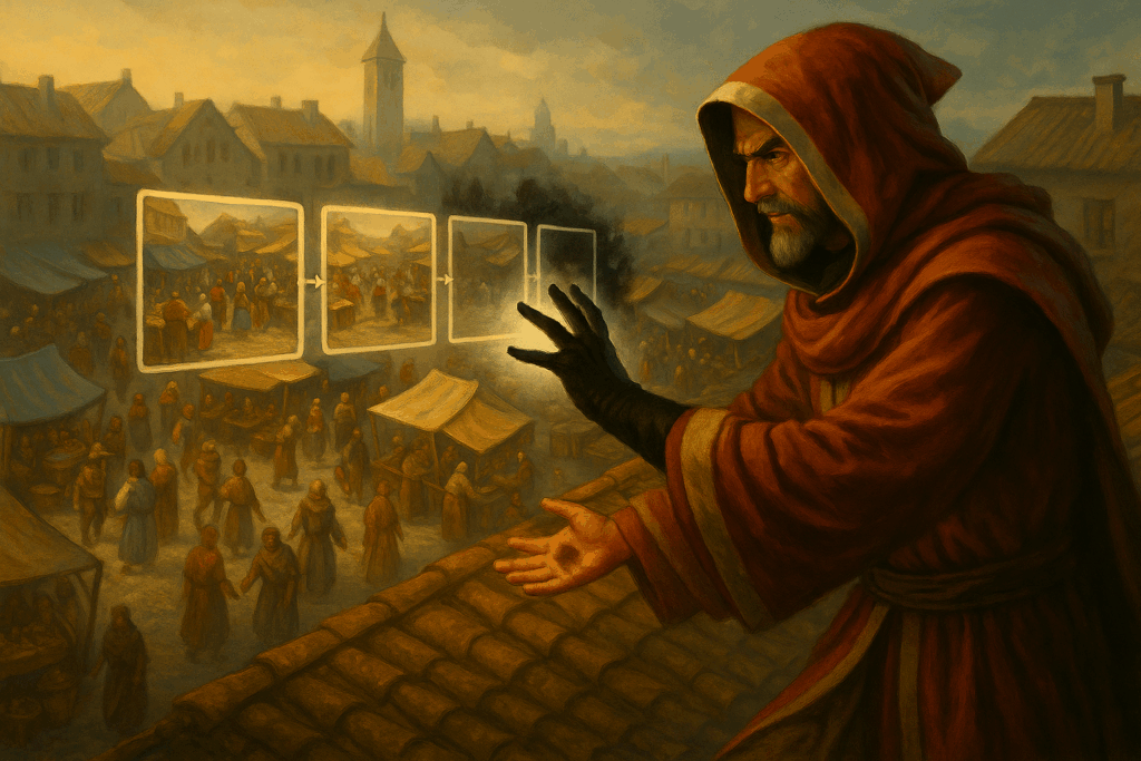 A hooded wizard overlays glowing time panels above a crowded market square and chooses one that Completes the scene.