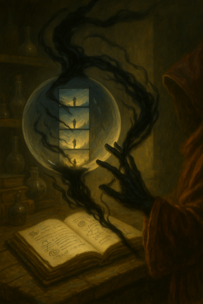 A Completionist wizard channels black tendrils of magic into a crystal orb, with a glowing grimoire open on the table.