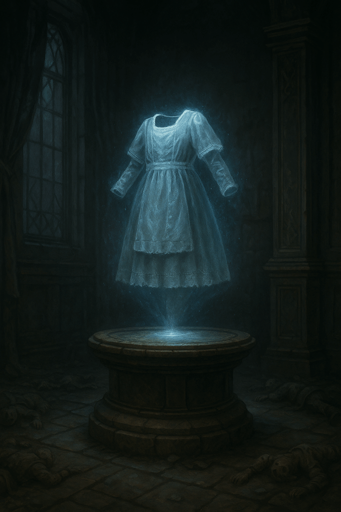 At its center, on a stone pedestal, floats a holographic projection of a child’s dress, simple, handmade, and impossibly clean. The lace hem glows faintly with arcane memory. It turns slowly, endlessly.