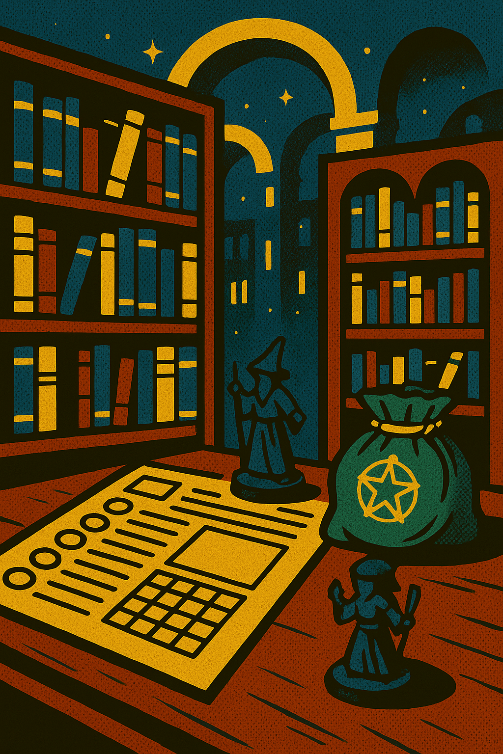 A magical library of books and artifacts
