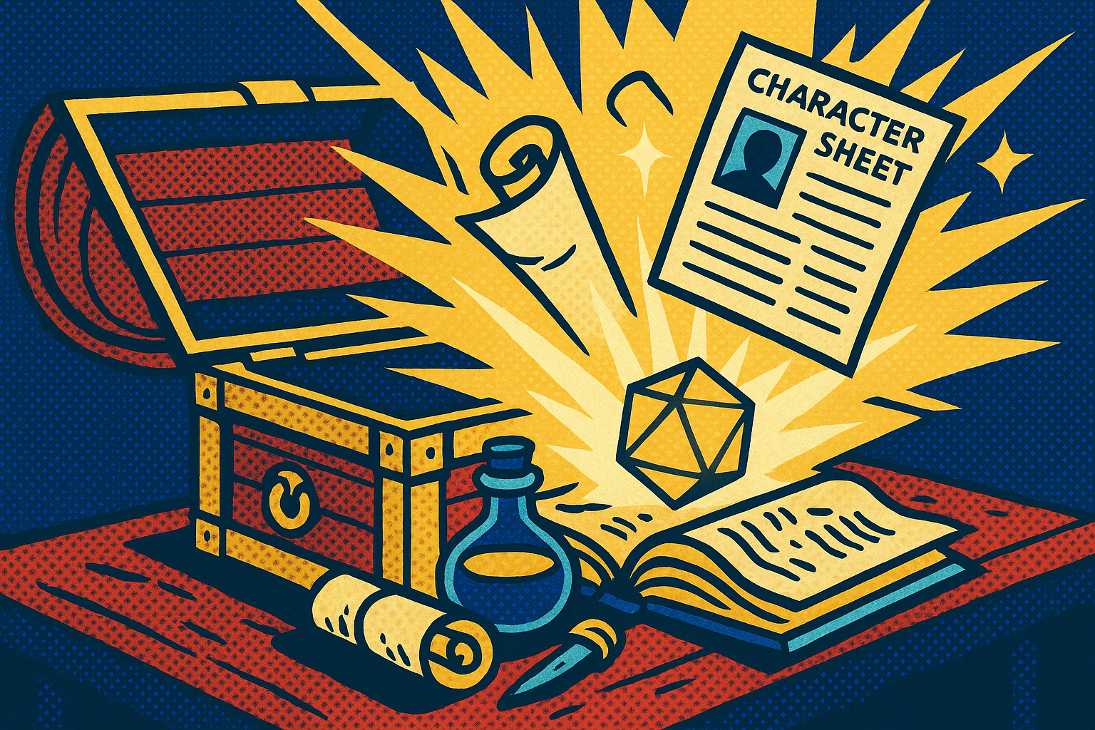 Treasure chest bursting with character sheets and dice