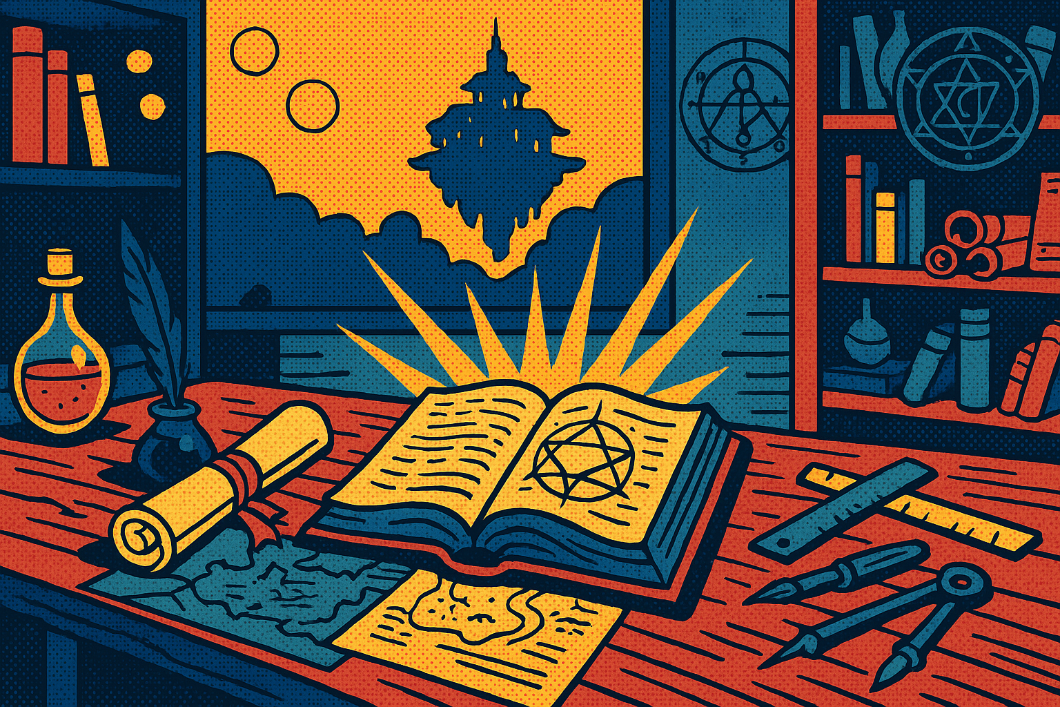 Kevin's magical DnD workshop overlooking a floating city